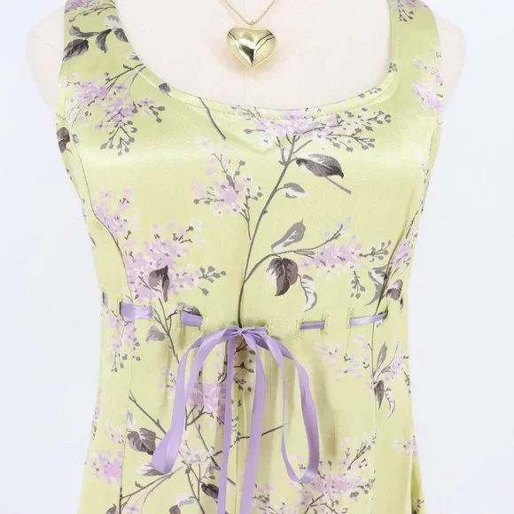 SOLD - Vintage Betsey Johnson Green & Purple Ribbon Floral Mini Dress - Picture 5 of 10